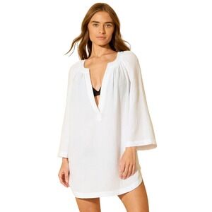 Shade Shore Women's White Crinkle Gauze V Neck Roll Tab Swim Coverup Top Size XS